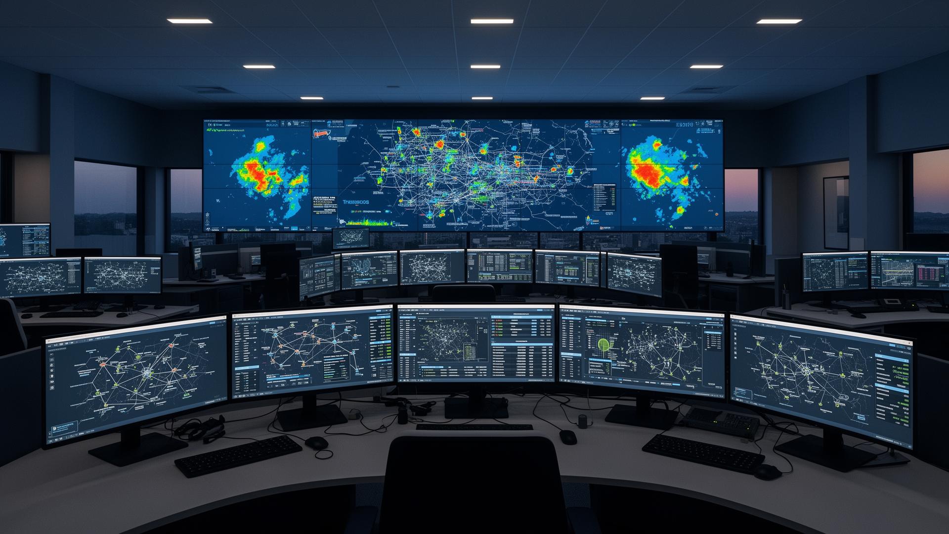 Critical communications operations centre with network monitoring and situational awareness displays