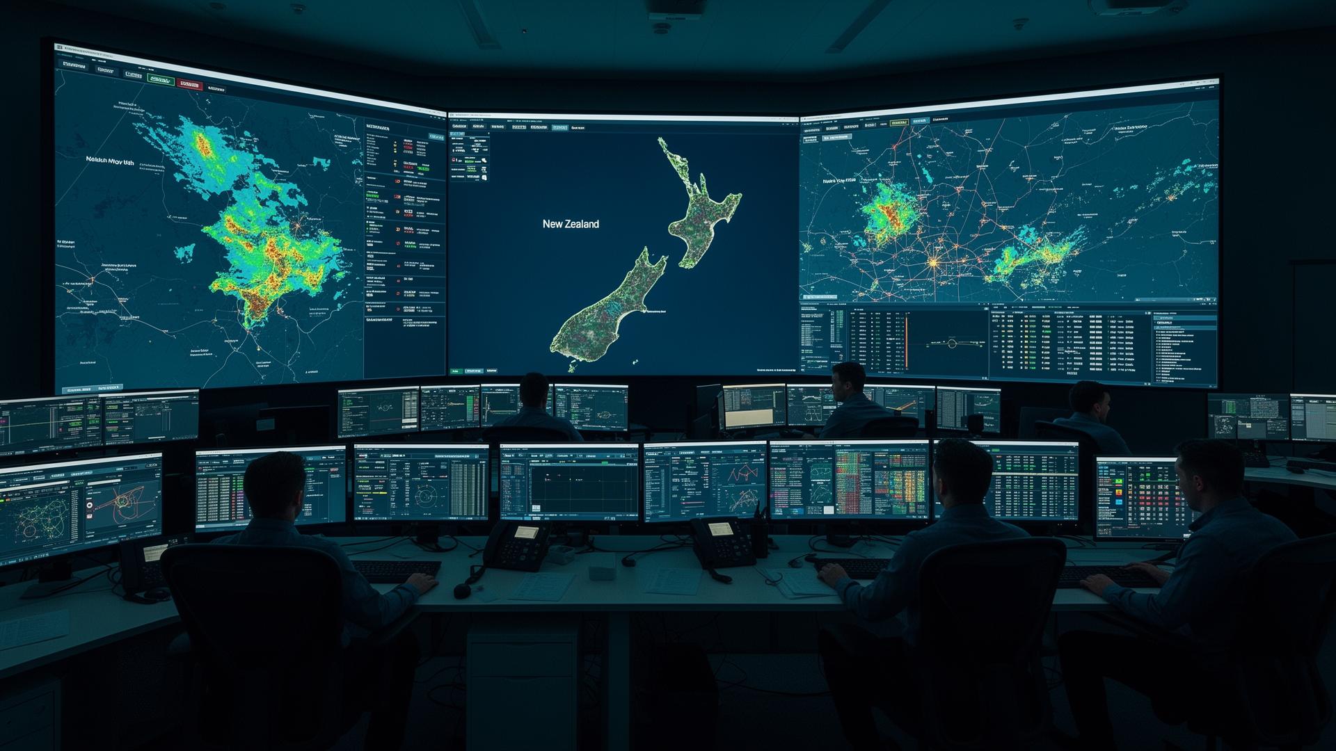 Critical communications network operations centre with New Zealand coverage maps